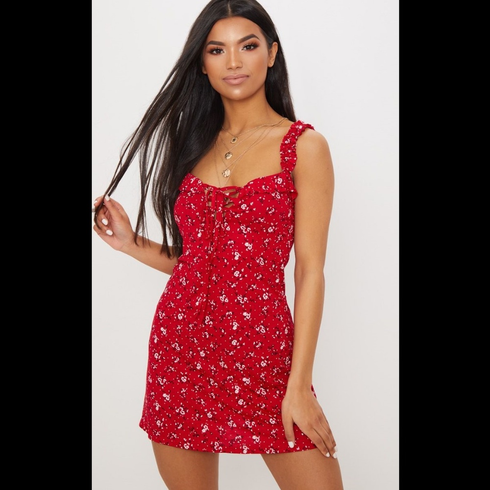 Red Floral Print Frill Detail Shift Dress